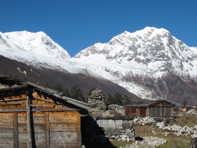 Sommet Nord du Manaslu et Larkya peak depuis Shyala